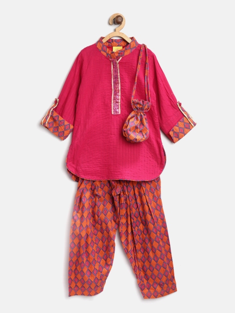 

612 league Girls Pink & Orange Solid Kurti with Salwar