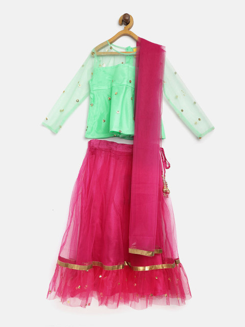 

612 league Girls Pink & Green Ready to Wear Lehenga & Sequinned Blouse with Dupatta
