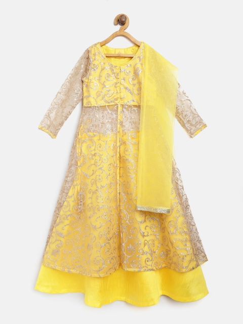 

612 league Girls Yellow & Golden Printed Kurta with Skirt & Dupatta
