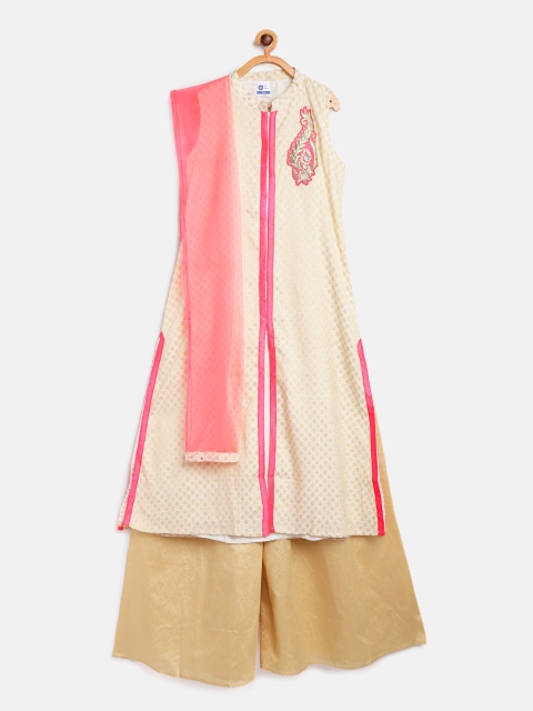 

612 league Girls Off-White & Golden Self Design Kurta with Palazzos & Dupatta