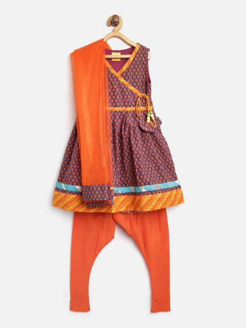 

612 league Girls Purple & Orange Printed Kurta with Churidar & Dupatta