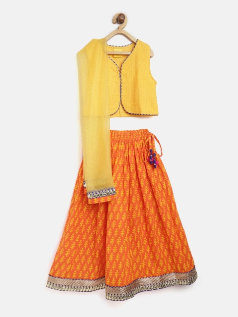 

612 league Girls Orange & Yellow Ready to Wear Lehenga & Blouse with Dupatta