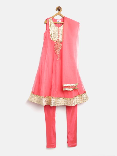 

612 league Girls Coral Pink Yoke Design Kurta with Churidar & Dupatta