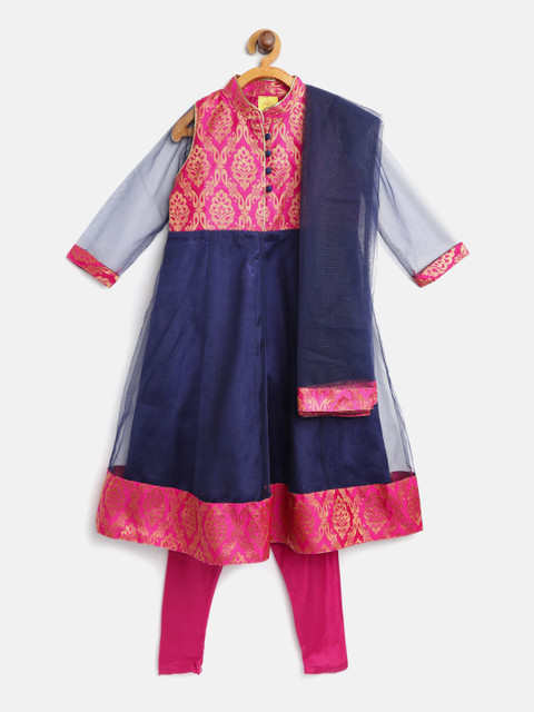 

612 league Girls Navy Blue & Pink Yoke Design Kurta with Churidar & Dupatta