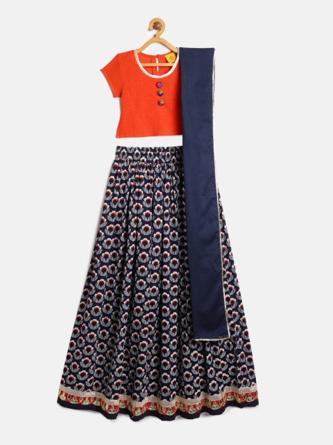 

612 league Girls Orange & Blue Solid Ready to Wear Lehenga & Blouse with Dupatta