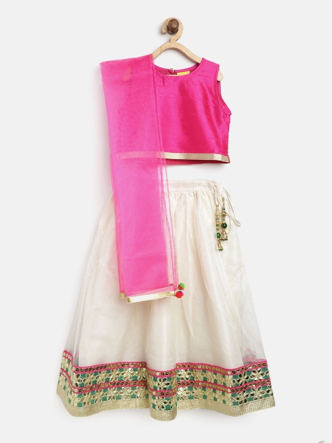 

612 league Girls White & Pink Solid Ready to Wear Lehenga & Blouse with Dupatta