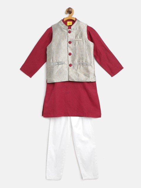 

612 league Boys Maroon & White Solid Kurta with Pyjamas & Nehru Jacket