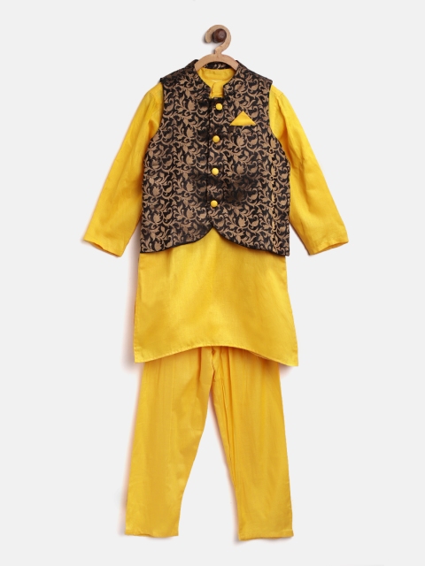 

612 league Boys Mustard Yellow & Black Solid Kurta with Pyjamas & Nehru Jacket