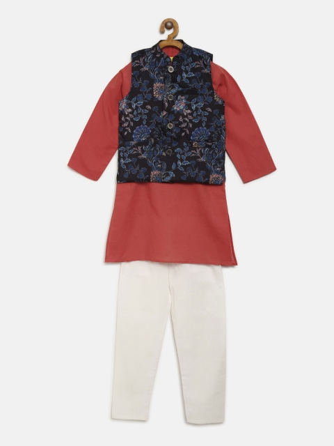 

612 league Boys Coral Red & White Solid Kurta with Pyjamas
