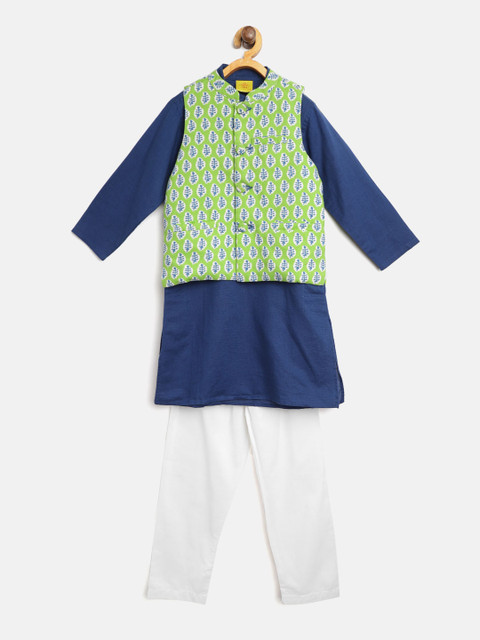 

612 league Boys Navy Blue & White Solid Kurta with Pyjamas & Printed Nehru Jacket