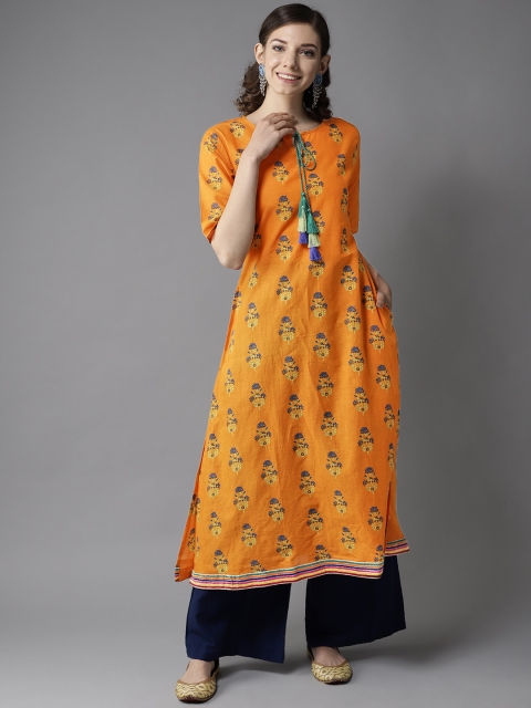 

HERE&NOW Women Orange & Blue Printed A-Line Kurta