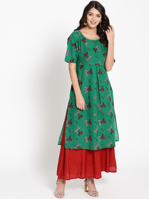 

HERE&NOW Women Green & Red Floral Print Straight Kurta