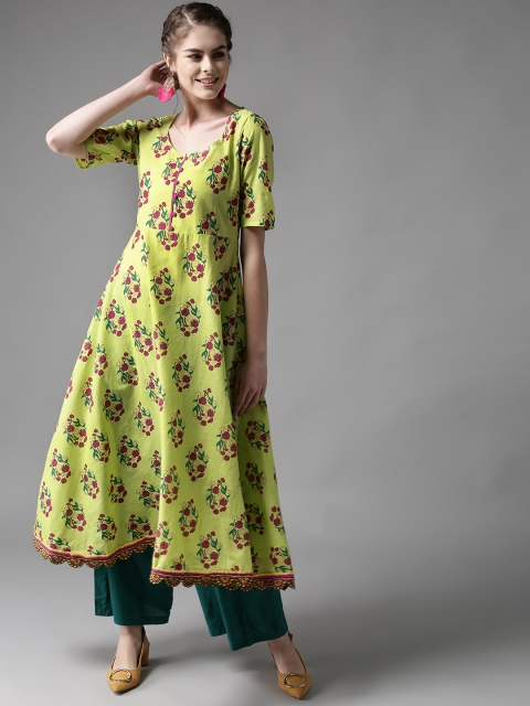 

HERE&NOW Women Green & Magenta Printed A-Line Kurta