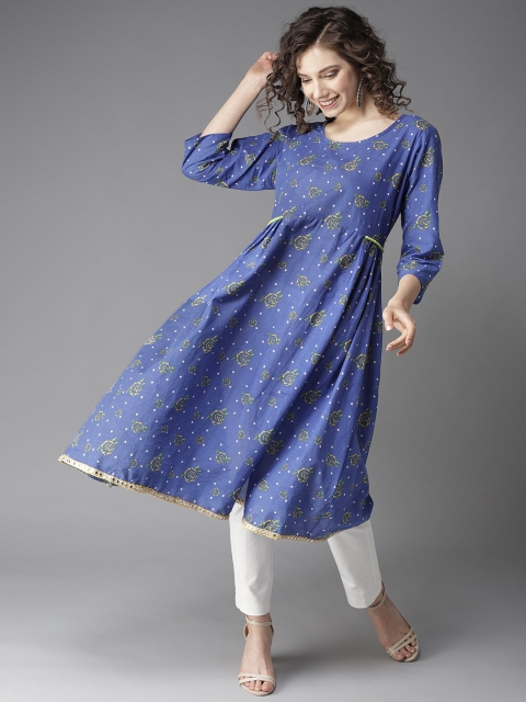 

HERE&NOW Women Blue & Yellow Floral Printed A-Line Kurta