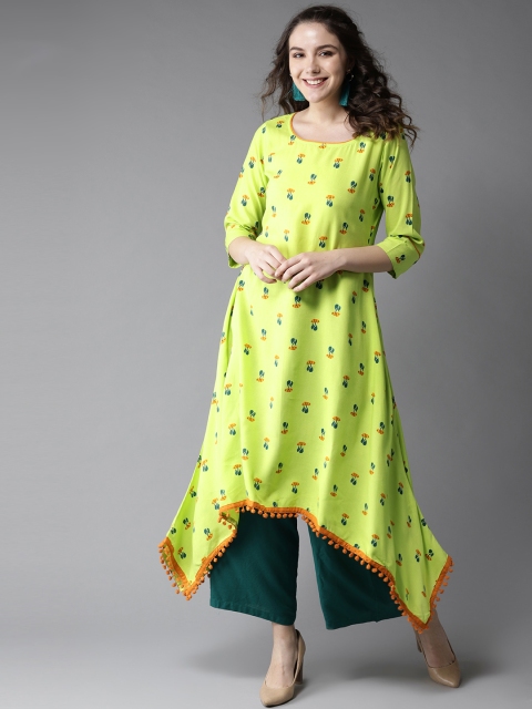 

HERE&NOW Women Green & Orange Floral Print A-Line Asymmetric Kurta