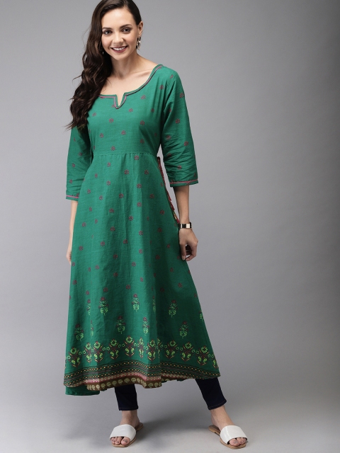 

HERE&NOW Women Green & Pink Printed A-Line Kurta