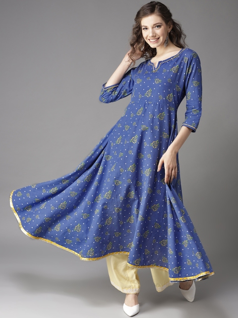 

HERE&NOW Women Blue & Yellow Floral Print Anarkali Kurta