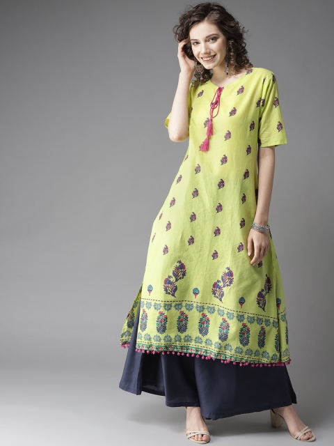 

HERE&NOW Women Lime Green & Pink Floral Print A-Line Kurta