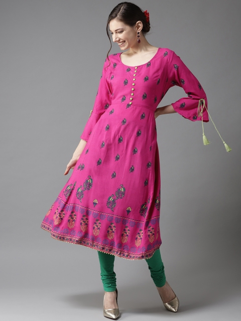 

HERE&NOW Women Pink & Green Printed A-Line Kurta