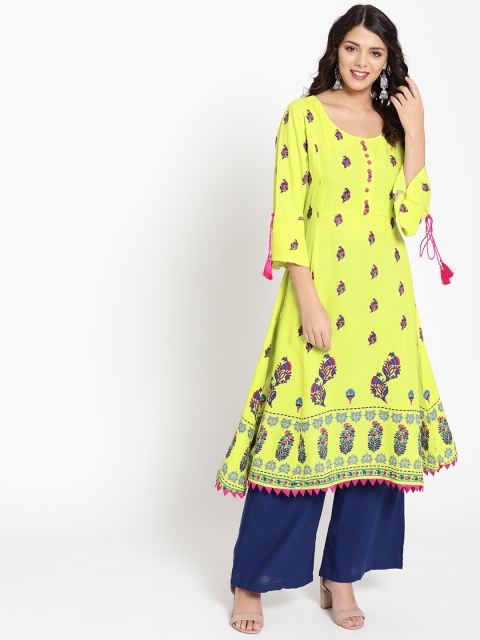 

HERE&NOW Women Lime Green & Pink Printed A-Line Kurta