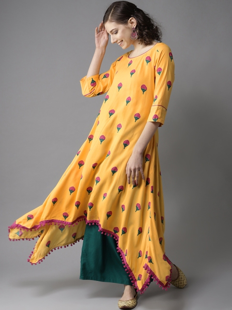 

HERE&NOW Women Yellow & Pink Printed Asymmetric A-Line Kurta