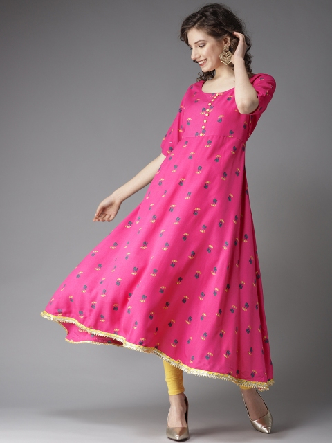 

HERE&NOW Women Pink & Green Floral Printed A-Line Kurta