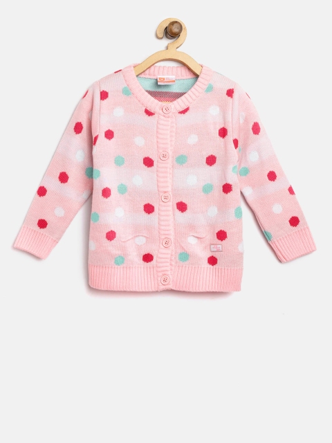 

612 league Girls Pink & White Self Design Cardigan