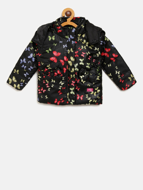

612 league Girls Black & Red Printed Hooded Padded Jacket