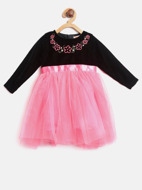 

612 league Girls Pink & Black Colourblocked Fit & Flare Dress