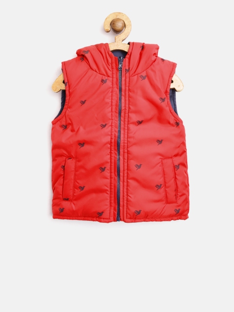 

612 league Boys Red & Navy Blue Printed Reversible Hooded Sleeveless Padded Jacket