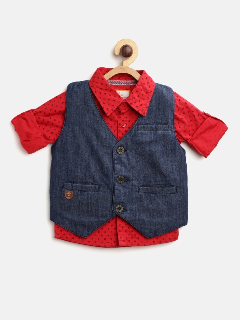 

612 league Boys Red & Black Regular Fit Printed Casual Shirt wit Chambray Waistcoat