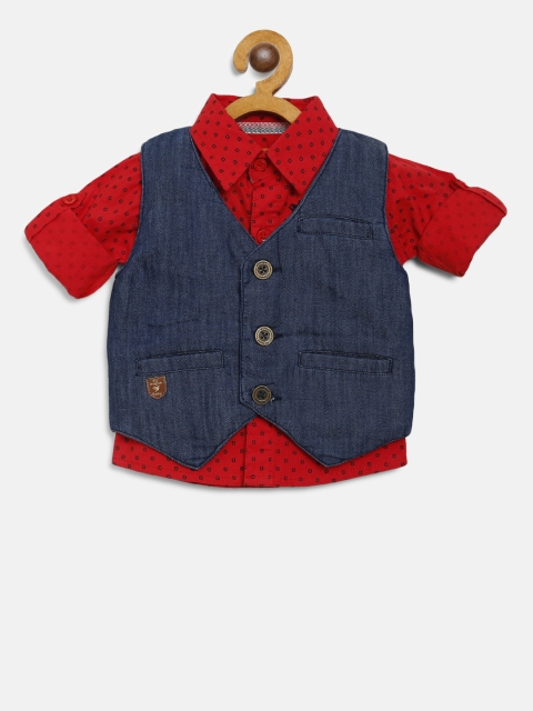 

612 league Boys Red & Navy Blue Regular Fit Printed Casual Shirt with Waistcoat
