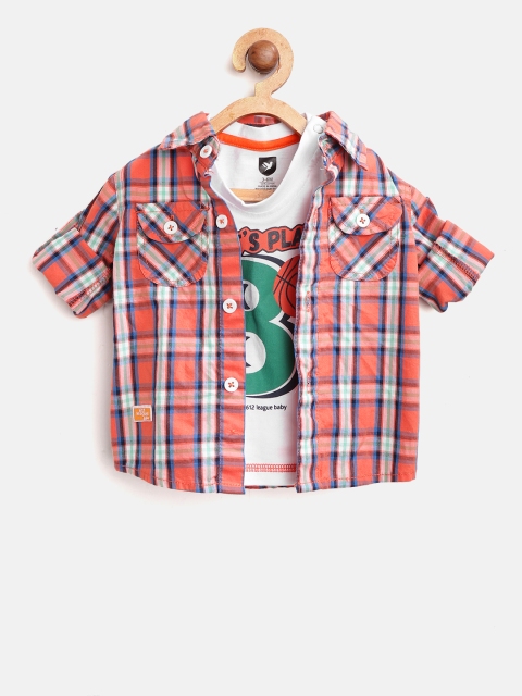 

612 league Boys Coral Orange & Green Regular Fit Checked Casual Shirt with T-shirt