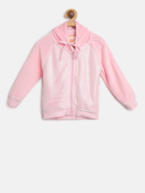 

612 league Girls Pink Sequinned Hooded Sweatshirt with Velvet Finish