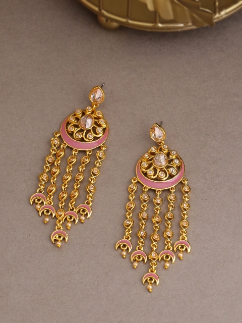 

Voylla Brass-Plated Gold-Toned & Pink Enamelled Contemporary Drop Earrings