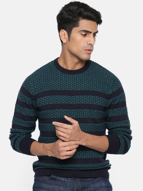 

Monte Carlo Men Navy Blue & Teal Green Self-Striped Sweater