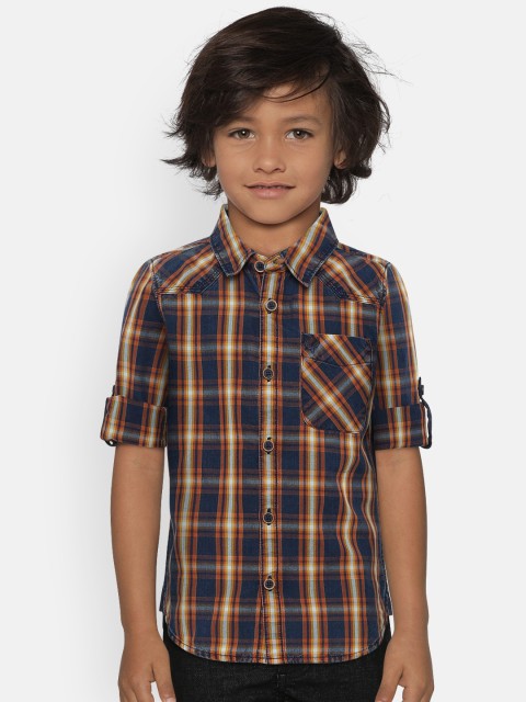 

Allen Solly Junior Boys Orange & Navy Blue Regular Fit Checked Casual Shirt