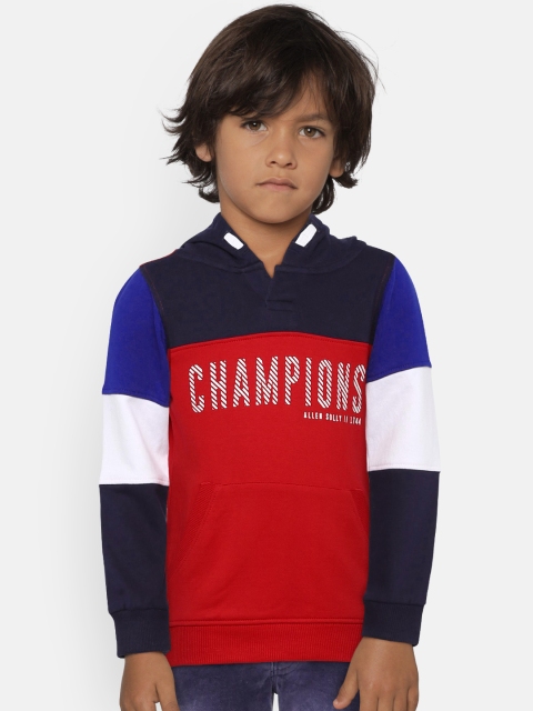 

Allen Solly Junior Boys Red & Navy Blue Colourblocked Hooded Sweatshirt