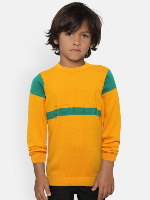 

Allen Solly Junior Boys Mustard Yellow & Green Solid Sweater with Self-Design Detail