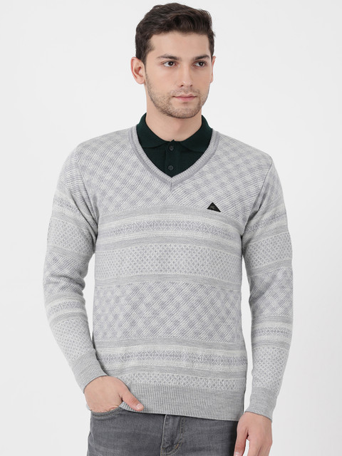 

Monte Carlo Men Off-White Self Design Pullover Woolen Sweater