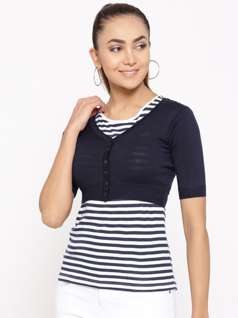 

Monte Carlo Women Navy Woollen Solid Cropped Cardigan, Navy blue