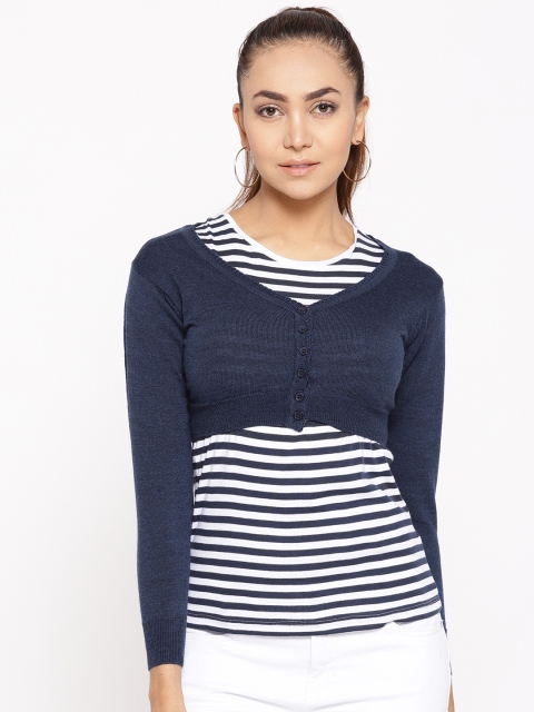 

Monte Carlo Women Navy Woollen Solid Cropped Cardigan, Navy blue