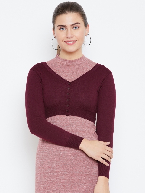 Monte Carlo Women Maroon Wool Solid Cropped Cardigan