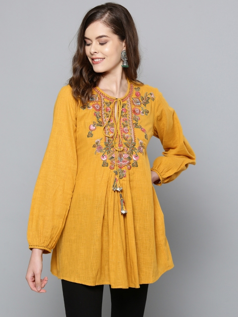 

Ritu Kumar Women Mustard Yellow Embroidered A-Line Kurti