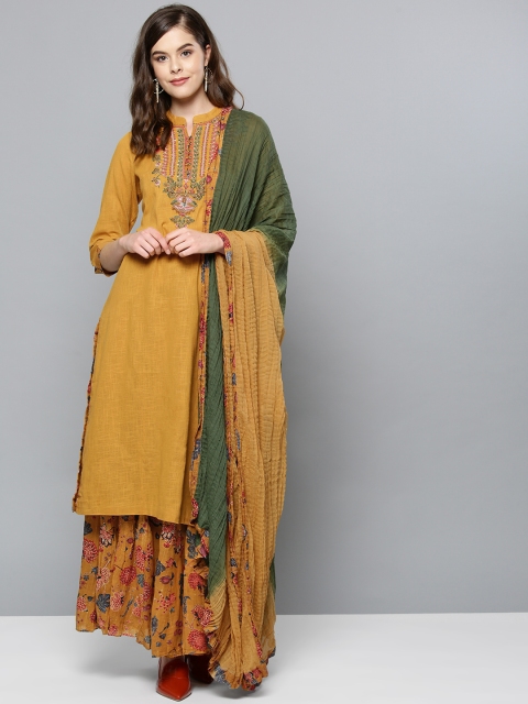 

Ritu Kumar Women Mustard Yellow & Green Yoke Design Kurta with Palazzos & Dupatta