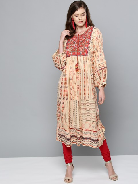 

Ritu Kumar Women Peach-Coloured & Red Printed A-Line Kurta