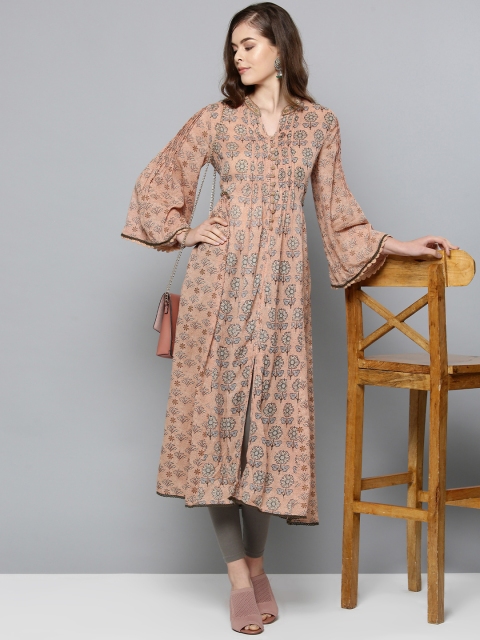 

Ritu Kumar Women Peach-Coloured & Grey Floral Print A-Line Kurta