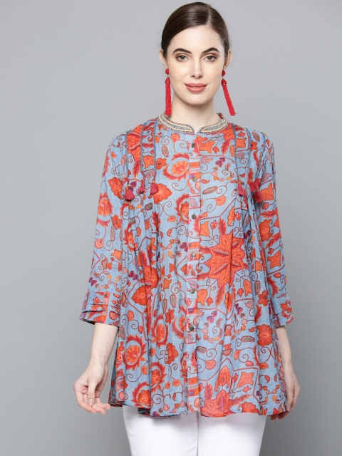 

Ritu Kumar Women Blue & Coral Red Printed A-Line Kurti