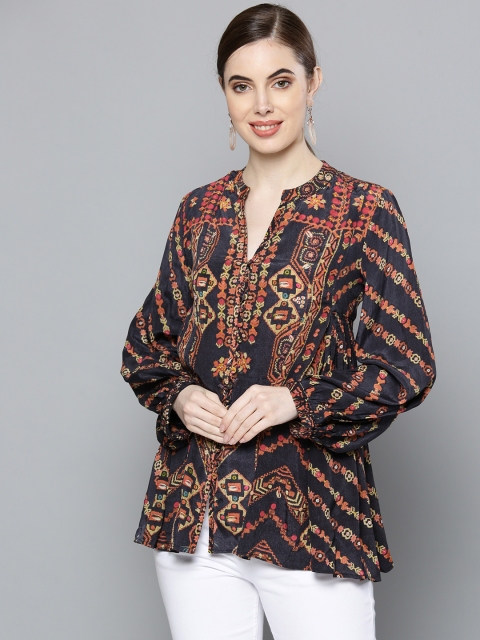 

Ritu Kumar Women Charcoal Grey & Rust Orange Printed A-Line Kurti