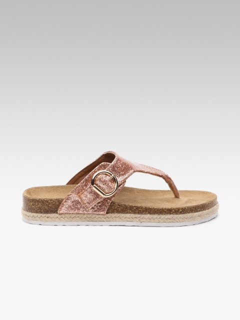 

DOROTHY PERKINS Women Rose Gold-Toned Embellished Wide Fit T-Strap Flats